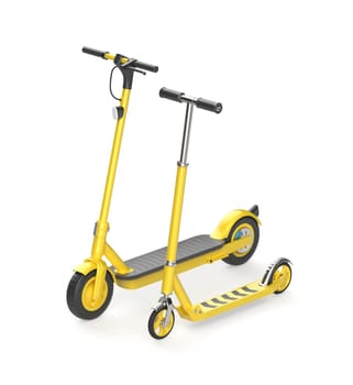 Yellow colored electric and kick scooters on white background