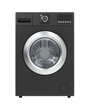 Front view of black front load washing machine, isolated on white background