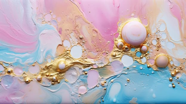 Abstract artistic background with pearlescent pink marble and holographic golden paint stains. Generated AI