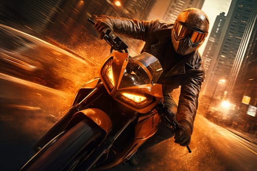 Action shot with man riding away from explosion on bike. Dynamic scene with fire in action movie blockbuster style. Generated AI
