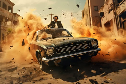 Action shot with man running away from explosion on car. Dynamic scene with fire in action movie blockbuster style. Generated AI