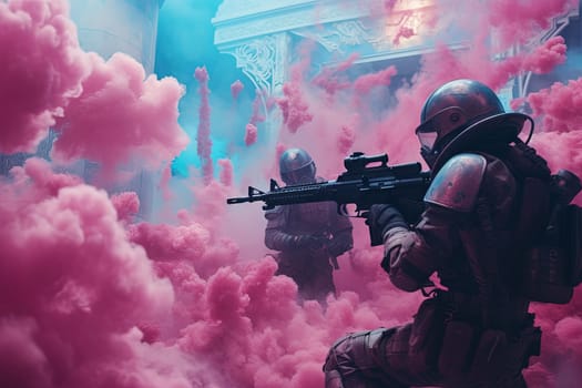 Futuristic post-apocalypse action scene with hero in sci-fi style. Vaporwave surreal shot with pink and blue smoke. Generated AI