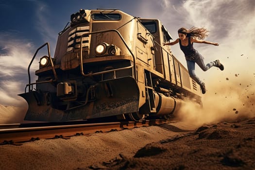 Action shot with man jumping off the train. Dynamic scene with railway carriage in action movie blockbuster style. Generated AI