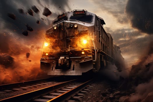 Action shot with man jumping off the train. Dynamic scene with railway carriage explosion in action movie blockbuster style. Generated AI
