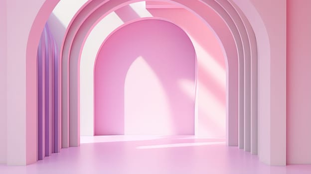 Abstract pink room with arch. Surreal architectural abstraction in pastel colors. Generated AI