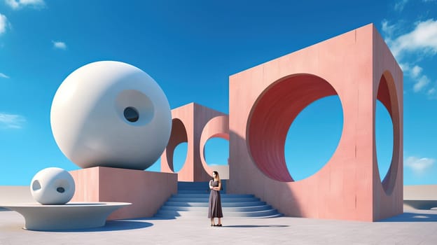 Abstract architecture surreal building. Dream scene with epic architectural abstraction under the blue sky. Generated AI