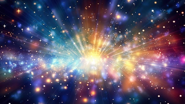 Abstract backgound with blue and orange light rays. God rays or light burst with bokeh. Generated AI