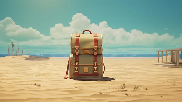 Backpack on the sand of the beach. Vacation scene with schoolbag on the shore line. Generative AI