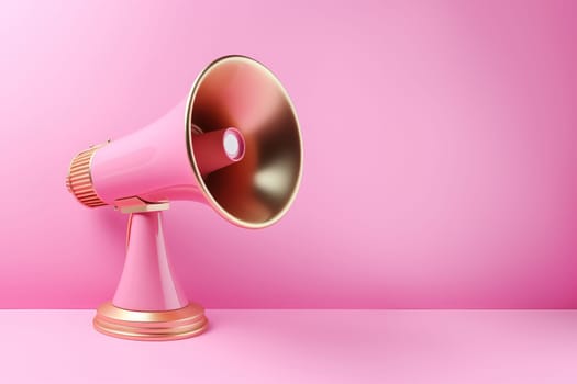 A chic pink megaphone with golden details on a matching background, providing ample copy space, perfect for engaging advertisements, announcements, or marketing materials. Generative AI