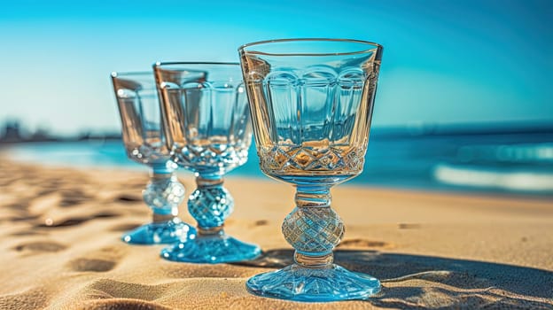 Glass with water in the sand of the beach. Vacation scene with glass on the shore line. Generative AI.