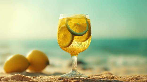 Glass with lemon water in the sand of the beach. Vacation scene with lemonade glass on the shore line. Generative AI.