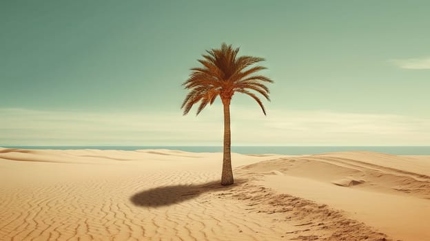 Palm tree on the sand of the beach. Vacation scene with palm on the shore line. Generative AI