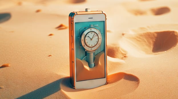 Smartphone in the sand of the beach. Vacation scene with phone on the shore line. Generative AI