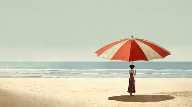 Umbrella on the hot sand of the beach. Grungy card with vacation scene of parasol on the shore line. Generative AI