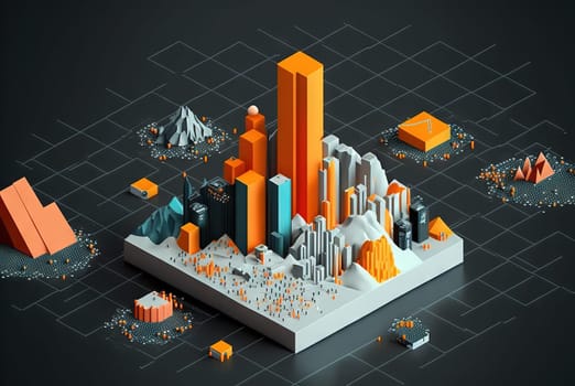 Abstract data graph concept with data clusters and particles. Digital sorting and management concept for business and finance. Generated AI