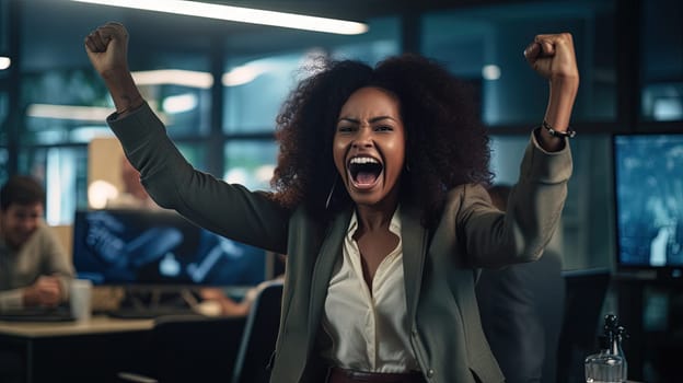 African american businesswoman excited on the workplace, celebrating the successful deal. Generated AI