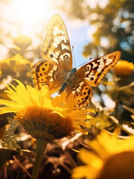 Butterfly on the colorful flowers and plants. Calm nature scene with dreamy colors. Generated AI