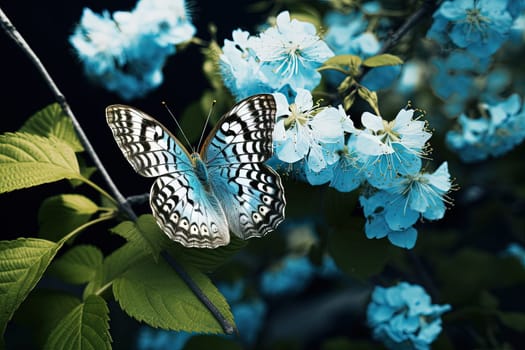 Butterfly on the colorful flowers and plants. Calm nature scene with dreamy colors. Generated AI