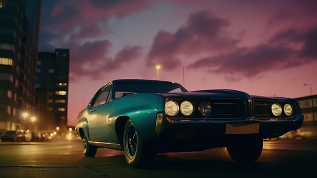 Vintage muscle car parked on the street at night. 80s styled synthwave retro scene with powerful drive in evening. Generated AI