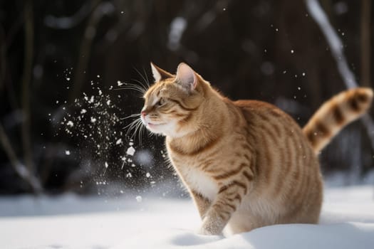 Cat playing in the snow in winter season. Cute kitten having fun with white snow. Generated AI