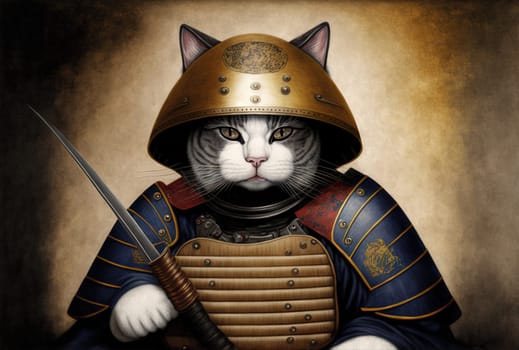 Cat samurai portrait in traditional vintage photography style. Japanese retro illustration with kitten warrior in kimono. Generated AI