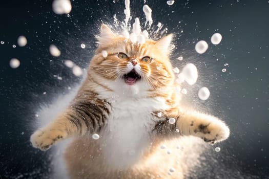 Cat smacked by snowball. Cute kitten with surprised and angry face, hit by snow during winter game. Generated AI