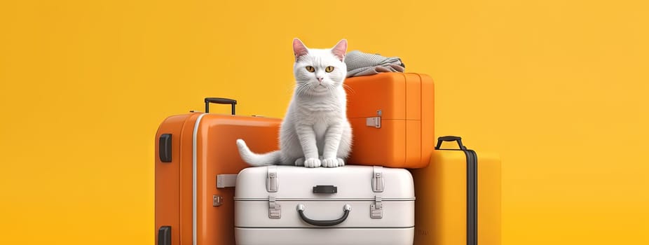 Cute white cat sitting in the suitcase. Sweet fluffy kitten is ready to travel. Generated AI