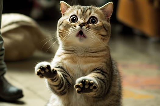 Funny surprised cat with a questioning pose. A cute kitten asks in surprise where the treats are. Generated AI