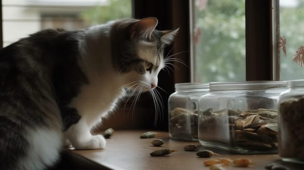 Cute cat watching the fish. Funny kitten sniffing the fish. Generated AI