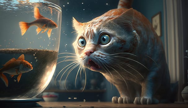 Cute cat watching the fish. Funny kitten sniffing the fish. Generated AI