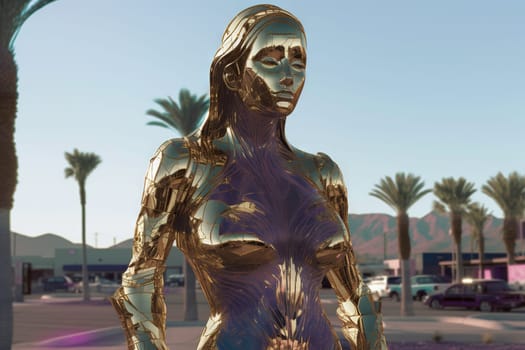 Crome robot woman portrait in the city. Artificial intelligence rise and shiny. Mechanical beauty. Generated AI