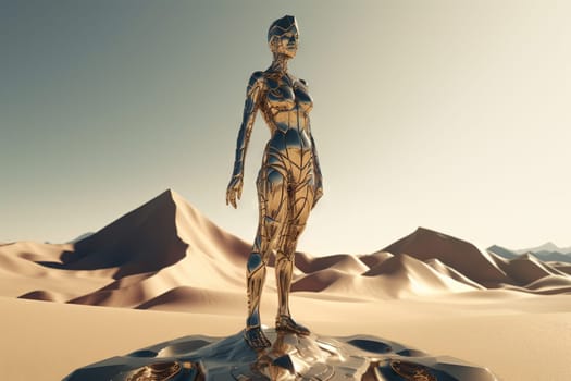 Crome robot woman standing in the desert. Artificial intelligence rise and shiny. Mechanical beauty. Generated AI