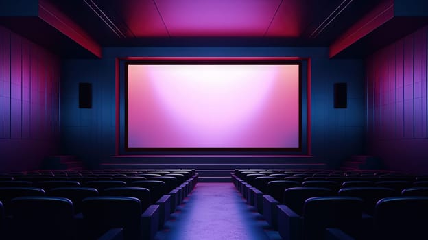 Cinema interior with seats and white screen. Movie theater room with chairs. Generated AI
