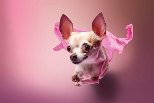Cute chihuahua puppy jumping in the pink room. Tiny dog soaring in light veil and tulle. Generated AI