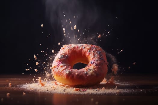 Donut expressive shot with topping and sugar powder splash. Tasty donut food styling image. Generative AI