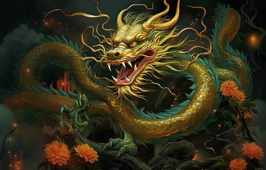 Green dragon in traditional style, mysterious monster from farytales and symbol of 2024 lunar year in Chinese calendar. Generated AI