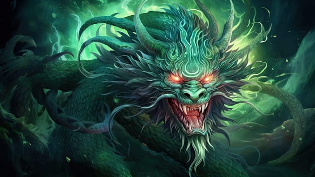 Green dragon, mysterious monster from farytales and symbol of 2024 lunar year in Chinese calendar. Generated AI