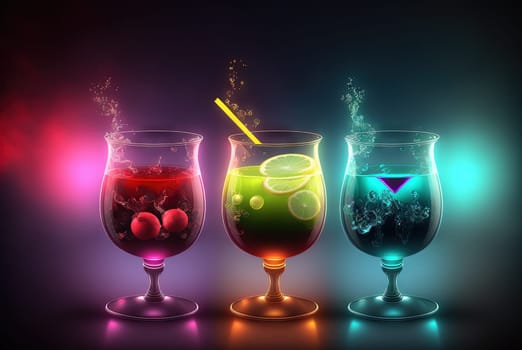 Club cocktails on the table with light. Colorful juicy drinks in glasses. Generated AI