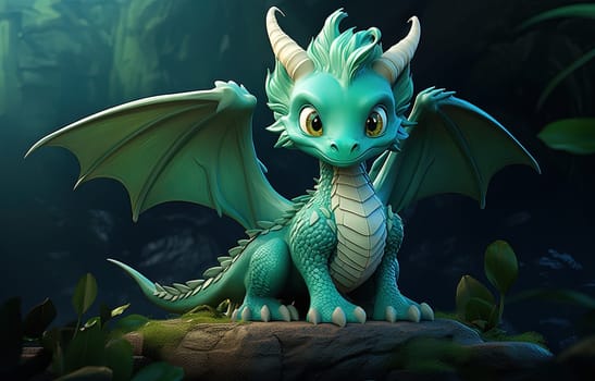 Young green dragon, mysterious creature from farytales and symbol of 2024 lunar year in Chinese calendar. Generated AI