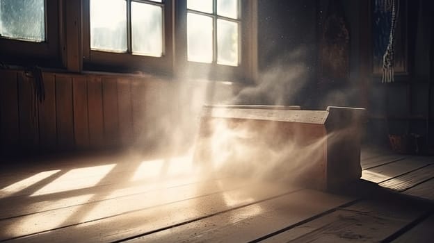 Dusty room with old distressed windows and sun rays. Abandoned grungy interior with lights in the dust. Generated AI