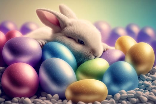 Easter rabbit with colorful holiday eggs. Cute fluffy bunny celebrating spring holiday