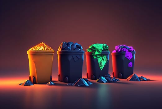 Garbage sorting and ecological problems concept. Colorful trash bin and consumerism waste products. Generated AI