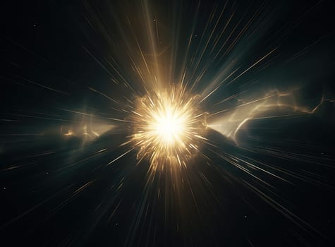 Sun flare with yellow rays and beams on dark background. Generated AI