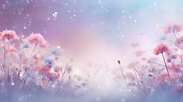 Abstract blurred background with flowers in the cold garden. Generated AI