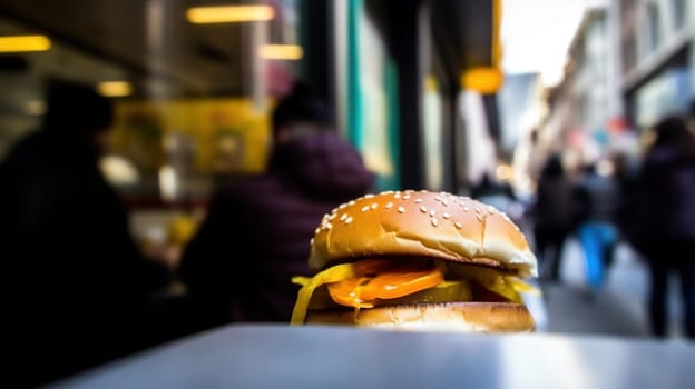 Juicy tasty hamburger on the table. Fast food image of a burger with grilled meat. Generated AI
