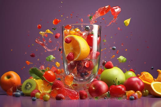 Glass of juice with fruits and berries on the table. Drink splash of sweet organic cocktail. Generated AI