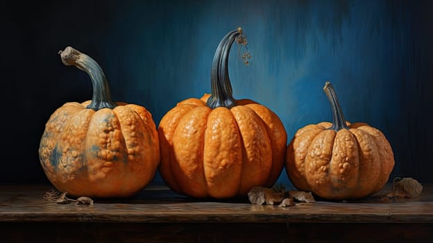 Still life with orange pumpkin on the blue background. Autumn harvest and fall holidays. Generated AI