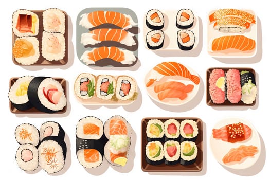 Sushi set. Collection of fast fool in asian style. Classic shushi and rice rolls. Generated AI