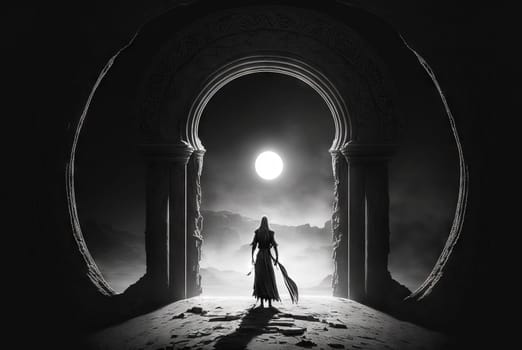 Magic ancient gate of the dark ruins. Black and white background with mystic lightened door. Generated AI