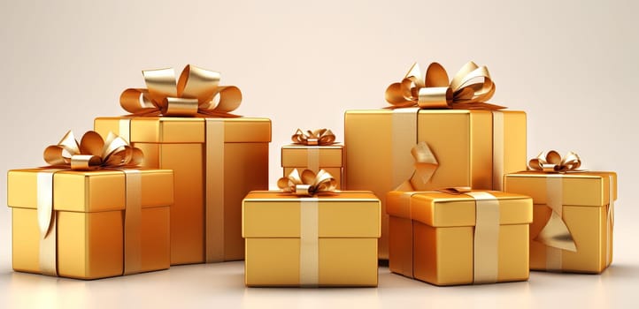 Set of gift boxes with ribbons, arranged for holidays or sale and discount event. Generated AI